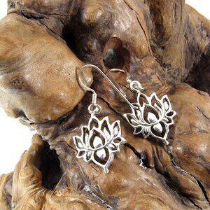 Solid 925 Sterling Silver Lotus Flower Egyptian Bean Drop Dangle Hook Earrings